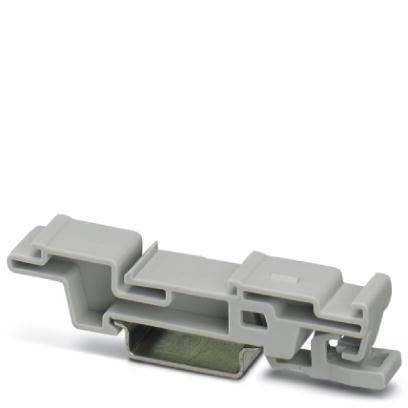 Ein Kunststoff-Haltewinkel-Verbinder mit einem Metallclip zum Befestigen oder Montieren von Komponenten in elektrischen oder mechanischen Baugruppen.