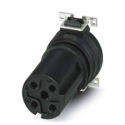 Ein schwarzer zylindrischer Anschluss mit mehreren Pins und kleinen Befestigungshalterungen an den Seiten, der für elektrische Verbindungen verwendet wird.