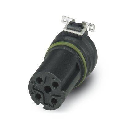 Schwarzer kreisförmiger Elektrostecker mit fünf Stiftkontakten und metallischer Befestigungshalterung auf weißem Hintergrund