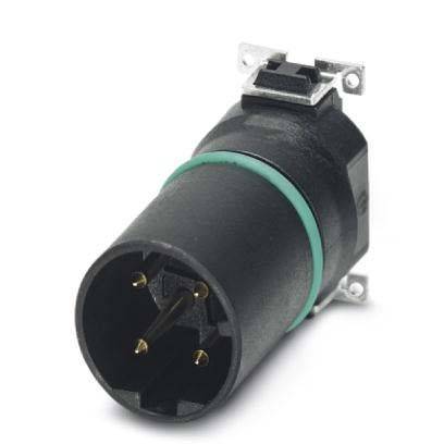 Ein schwarzer elektrischer Stecker mit drei Metallstiften, der für eine sichere Kabelverbindung konzipiert ist und einen grünen Ring nahe der Basis aufweist.