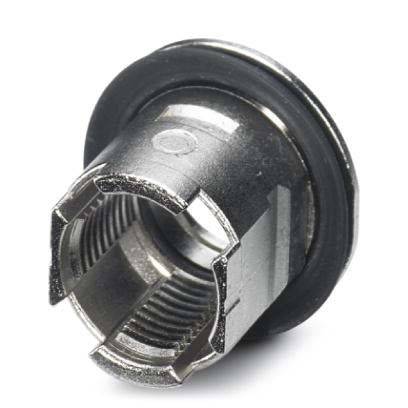 Eine Nahaufnahme einer Metallmutter mit Innengewinde und schwarzer Gummidichtung am Rand, die wahrscheinlich für mechanische Befestigungen verwendet wird.