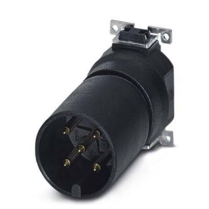 Ein zylindrischer Metallstecker mit fünf Pins und einem schwarzen Gehäuse, der für elektrische Verbindungen oder Stromversorgung verwendet wird.