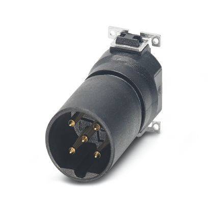 Schwarzer runder 5-poliger Elektrostecker oder Buchse mit Metallmontageklammer, dargestellt auf weißem Hintergrund.