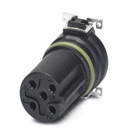 Ein schwarzer zylindrischer elektrischer Stecker mit grünem Ring und Metallbefestigungen, ausgestattet mit fünf Löchern am Ende zur Drahtverbindung.