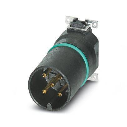 Schwarzer zylindrischer elektrischer Stecker mit vier Metallstiften und einer Befestigungshalterung auf weißem Hintergrund