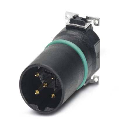 Ein schwarzer und grüner zylindrischer elektrischer Stecker mit Metallstiften, der typischerweise für Audiogeräte-Verbindungen verwendet wird.