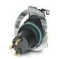 Ein zylindrischer elektrischer Stecker mit Metallstiften und einer Befestigungshalterung, der für industrielle Verbindungen verwendet wird.