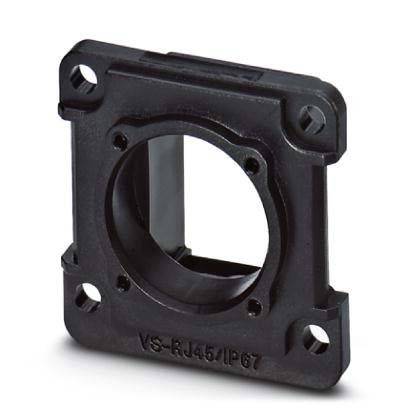 Eine quadratische schwarze Kunststoff-Montageplatine mit einer kreisförmigen Öffnung in der Mitte und vier Befestigungslöchern in den Ecken, mit der Bezeichnung 'VS-RJ45IP67'.