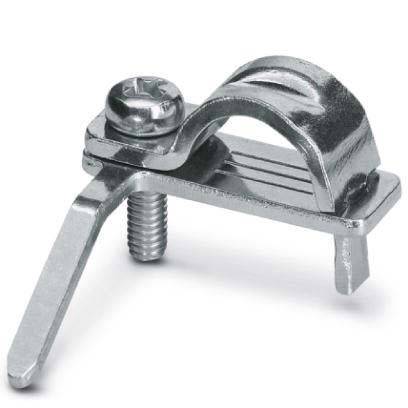 Ein Metallbefestigungselement mit einer Schraube und Klemmvorrichtung, das zum Befestigen von Gegenständen konstruiert ist und eine geriffelte Oberfläche sowie einen Stützhalter aufweist.