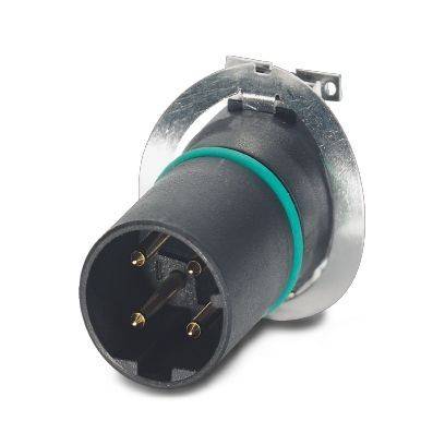 Rundes Metall-Panel-Elektrostecker mit schwarzem zylindrischem Körper und vier Stiften auf weißem Hintergrund