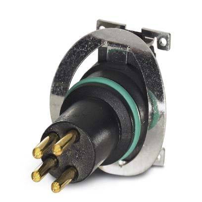 Ein Nahaufnahmefoto eines fünfpoligen männlichen elektrischen Anschlusses mit einem metallischen Kreisgehäuse und einer grünen Gummidichtung.