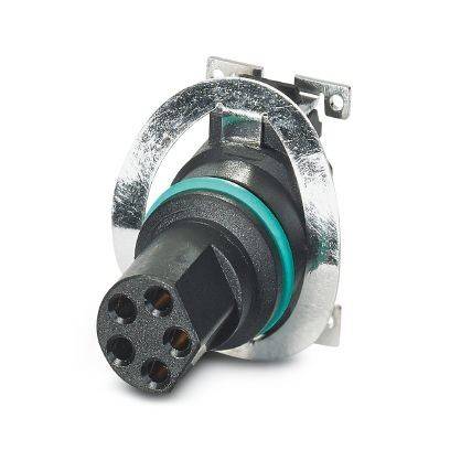 Kreisförmiger 5-poliger Elektrostecker mit schwarzer Frontsteckdose und metallischem Befestigungsring auf weißem Hintergrund.