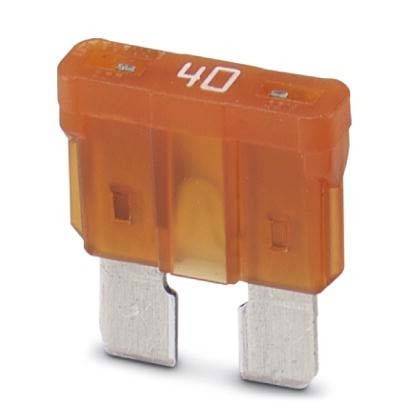 Eine orangefarbene Automotive-Sicherung mit der Bezeichnung '40', die eine Stromstärke von 40 Ampere anzeigt, die in Fahrzeug-Elektriksystemen verwendet wird, um Überstrom zu verhindern.
