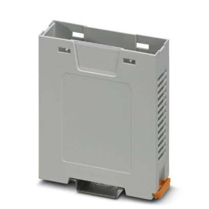 Ein grauer Kunststoff-Elektronikmodul mit Lüftungsschlitzen und Befestigungsclip. Wahrscheinlich für industrielle oder elektronische Systeme verwendet.