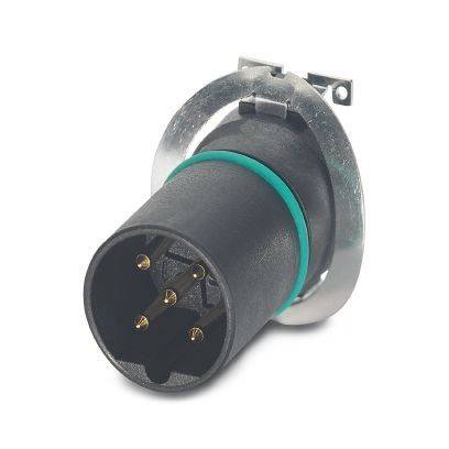 Schwarzer kreisförmiger 5-poliger Elektrostecker mit metallischem Befestigungsflansch und grünem Dichtungsring, dargestellt auf weißem Hintergrund.