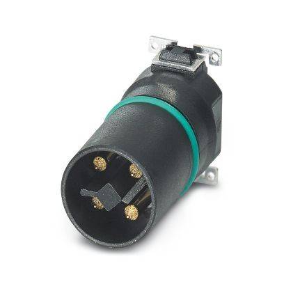 Schwarzer kreisförmiger Elektrostecker mit vier Goldkontakten und Befestigungshalterung auf weißem Hintergrund
