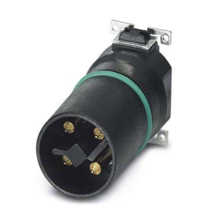 Ein schwarzer elektrischer Stecker mit fünf goldenen Pins und einem grünen Streifen ist zum Betrachter geneigt, befestigt an einer Montageklammer.