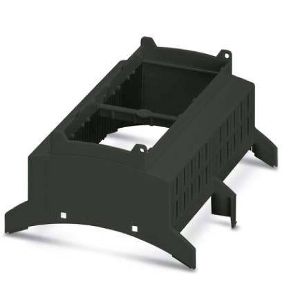 Eine schwarze Kunststoffgehäuseeinheit mit mehreren Öffnungen und einer erhöhten Plattformbasis, höchstwahrscheinlich entwickelt, um elektronische Komponenten oder Module aufzunehmen.