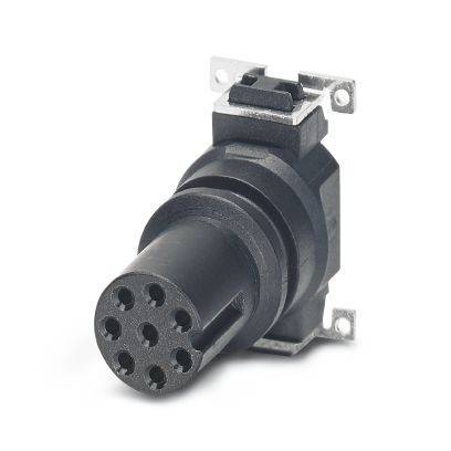 Schwarzer kreisförmiger Multi-Pin-Elektrostecker mit Montageklammer, dargestellt auf weißem Hintergrund.