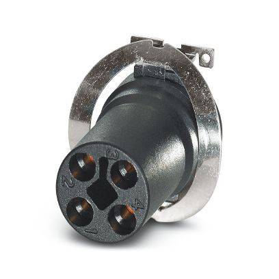 Schwarzer runder 4-Pin-Stecker mit metallischem Befestigungsring auf weißem Hintergrund.