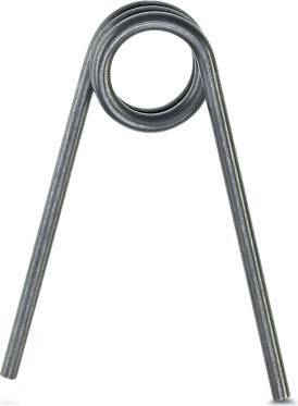 Eine Metallbüroklammer mit einem ungewöhnlichen Design, die zwei lange dreieckige Beine und eine Schlaufe an der Oberseite zum Befestigen von Papieren aufweist.