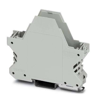 Ein grauer, rechteckiger industrieller elektrischer Komponente mit einem Zickzack-Design, höchstwahrscheinlich ein Klemmenblock oder Verbinder, vor einem schlichten Hintergrund.
