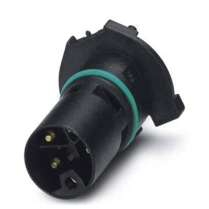 Ein schwarzer automotive Elektroverbinder mit drei Metallstiften, der für Fahrzeugverkabelungsanwendungen verwendet wird, vor einem weißen Hintergrund.