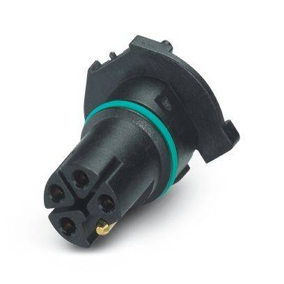 Schwarzer kreisförmiger elektrischer Stecker mit vier Stiftlöchern und einem grünen Dichtsring auf weißem Hintergrund.