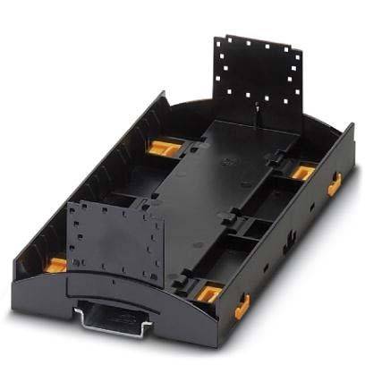 Ein schwarzes elektronisches Komponentengehäuse mit rechteckiger Form, entwickelt zum Halten und Schutz von Innenteilen, mit Befestigungsschlitzen und Anschlüssen.