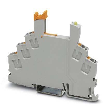 Ein grauer mehrreihiger Klemmenblock mit mehreren Anschlusspunkten für Leitungen und einem orangefarbenen Verschlussmechanismus zum Sichern der Drähte.