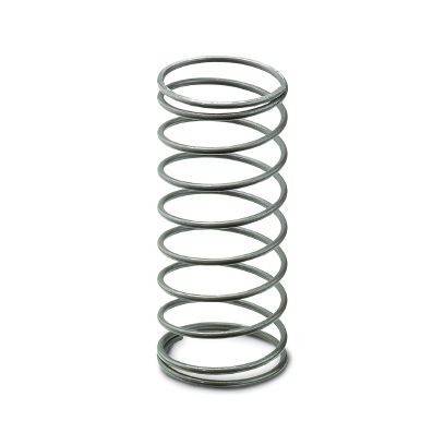 Eine aufrecht stehende graue Metallspiralfeder auf weißem Hintergrund.