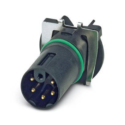 Rundes 5-poliges Elektrosteckverbindung mit schwarzem Gehäuse, grüner Dichtung und metallischer Befestigungsclip auf weißem Hintergrund.
