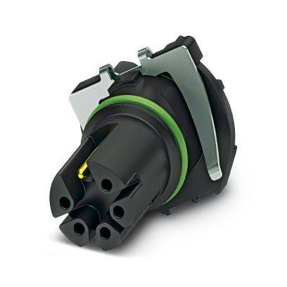 Schwarzer runder Elektrostecker mit mehreren Steckkontakten und einem grünen Dichtungsring, dargestellt vor weißem Hintergrund.