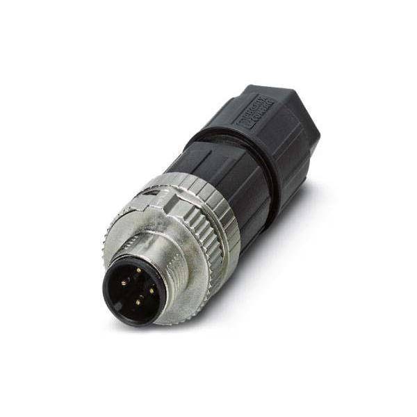 Eine Nahaufnahme eines kreisförmigen elektrischen Verbindungsstücks aus Metall und Kunststoff mit drei Kontaktstiften, das für industrielle oder Audio-Ausrüstung konzipiert ist.