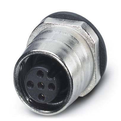 Eine Nahaufnahme eines industriellen Metallsteckers mit sechs kreisrunden Stiftöffnungen. Der Stecker verfügt über eine sechseckige Befestigungsmutter und ist für eine sichere Verbindung konzipiert.