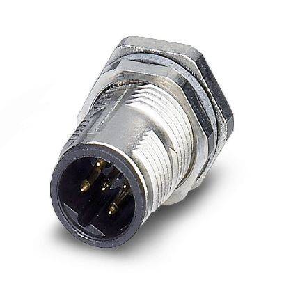 Metallischer runder elektrischer Stecker mit Gewindelgehäuse und vier sichtbaren Kontaktstiften, dargestellt auf weißem Hintergrund.