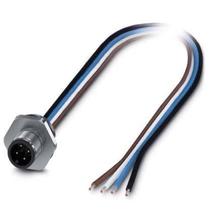 Ein Metall-M12-Steckverbinder mit angeschlossenen freiliegenden Drähten in verschiedenen Farben: Rot, Braun, Blau und Schwarz. Geeignet für industrielle Anwendungen.
