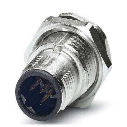 Ein metallischer kreisförmiger Steckverbinder mit Pins, der für elektrische Verbindungen in industriellen und technischen Geräteinstallationen verwendet wird.