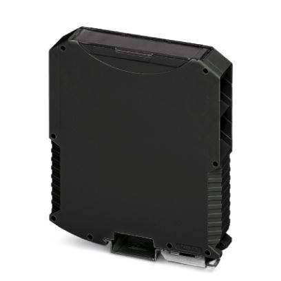 Ein schwarzes rechteckiges elektronisches Gerät mit gerippten Seitenflächen, höchstwahrscheinlich ein Modul für industrielle oder elektronische Systeme.