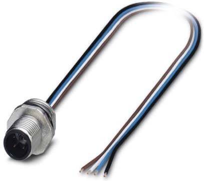 Ein Drei-Leiter-Elektrokabel mit einem zylindrischen Stecker an einem Ende, bei dem die Enden der schwarzen, weißen und blauen Kabel abisoliert sind.