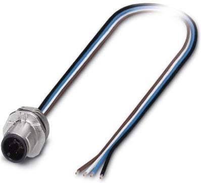 Ein zylindrischer Sensor mit drei farbigen Kabeln (schwarz, blau, braun), der für elektrische Anschlüsse oder Steuerungssysteme verwendet wird.