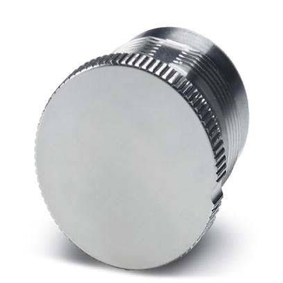 Eine silberne, runde Metallkappe oder ein Deckel mit gerillten Kanten, möglicherweise für einen Behälter, aus einem Blickwinkel betrachtet.