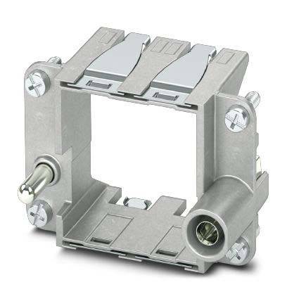 Ein rechteckiger metallischer Rahmen mit zwei Verschlüssen, versehen mit einem Kippschalter und einem Koaxialstecker an gegenüberliegenden Seiten.