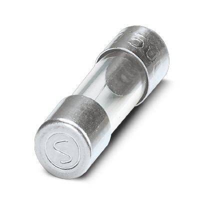 Glassröhrchen-Sicherung mit Metallkappen, auf weißem Hintergrund dargestellt.