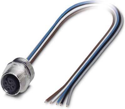 Ein runder metallischer elektrischer Steckverbinder mit angeschlossenen braunen, blauen, schwarzen und weißen Kabeln, der für Strom- oder Datenverbindungen verwendet wird.