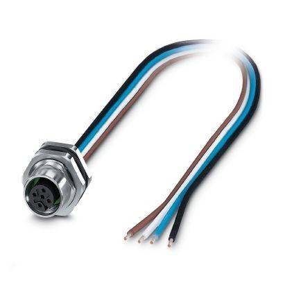 Runder metallischer elektrischer Stecker mit einem kurzen vierdrähtigen Kabel, dargestellt auf weißem Hintergrund.