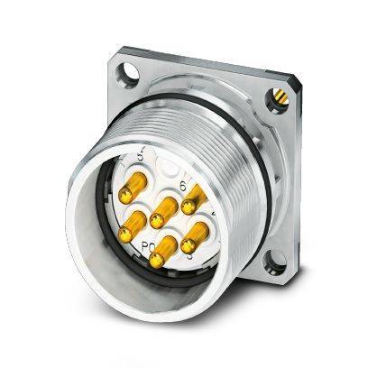 Metallischer kreisförmiger Industriestecker mit sechs goldenen Stiften, montiert auf einem quadratischen Flansch, dargestellt vor weißem Hintergrund.