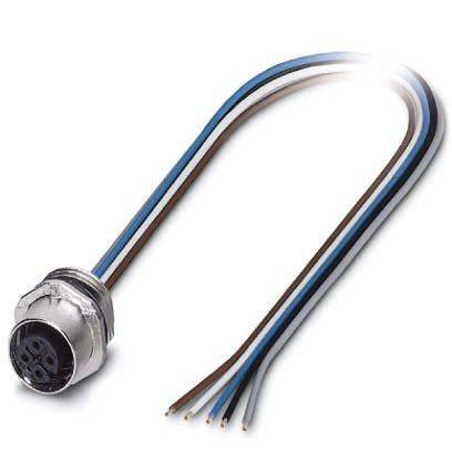 Ein kreisförmiger Metallstromstecker mit vier farbigen Kabeln: schwarz, braun, blau und weiß, die von ihm ausgehen.