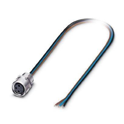Kreisförmiger Metallstecker, der an einem kurzen schwarz-blauen Kabel mit abisolierten Drahtenden befestigt ist, dargestellt auf weißem Hintergrund.