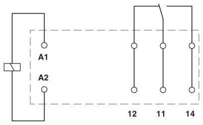 Elektrisches Schaltdiagramm mit Relaisspulenklemmen 'A1' und 'A2' sowie Schalterverbindungen an '12' und '14'.